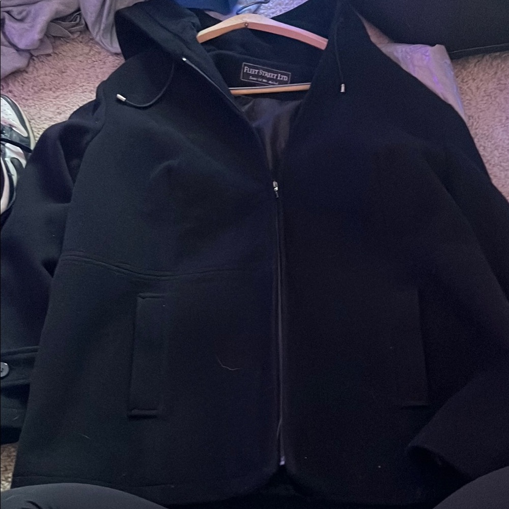 Black Fleece Raincoat with High Collar and Full-Length Zipper